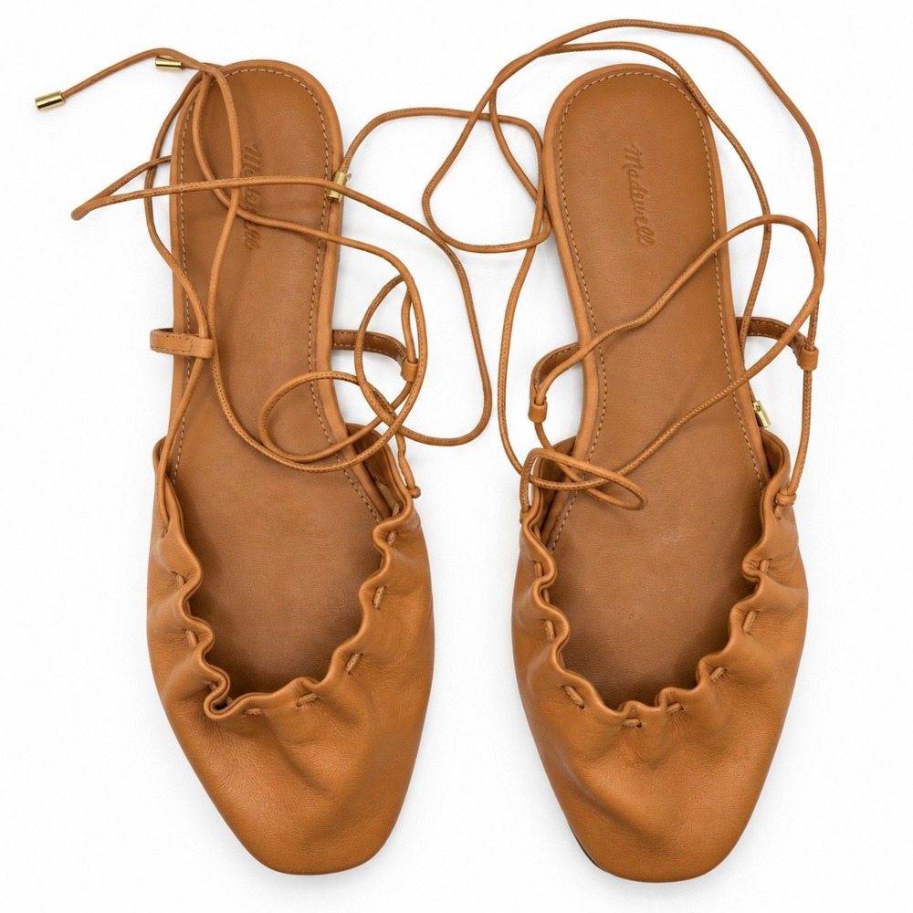 Madewell Greta Ruched Ankle Tie Flats Neutral Classic Tan Size 11